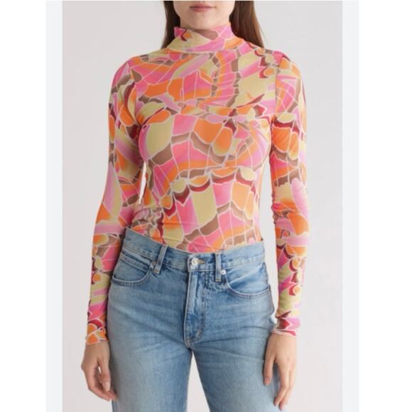AFRM Zoe Mock Neck Mesh Top Pink Sheer Abstract Womens Size Small - Picture 1 of 4